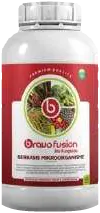 Botol putih bertutup ulir dengan label merah bertuliskan bravo fusion dan Berbasis Mikroorganisme.