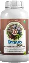 Botol putih bertutup ulir dengan label cokelat bertuliskan Bravo Humat dan Berbasis Bahan Organik Alami.