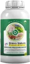 Botol putih bertutup ulir dengan label hijau bertuliskan Bravo Nature dan Berbasis Mikroorganisme.